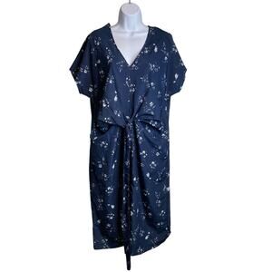 Oak + Fort Women's Navy Blue Floral Tie Front V Neck Dress Size L Cottagecore